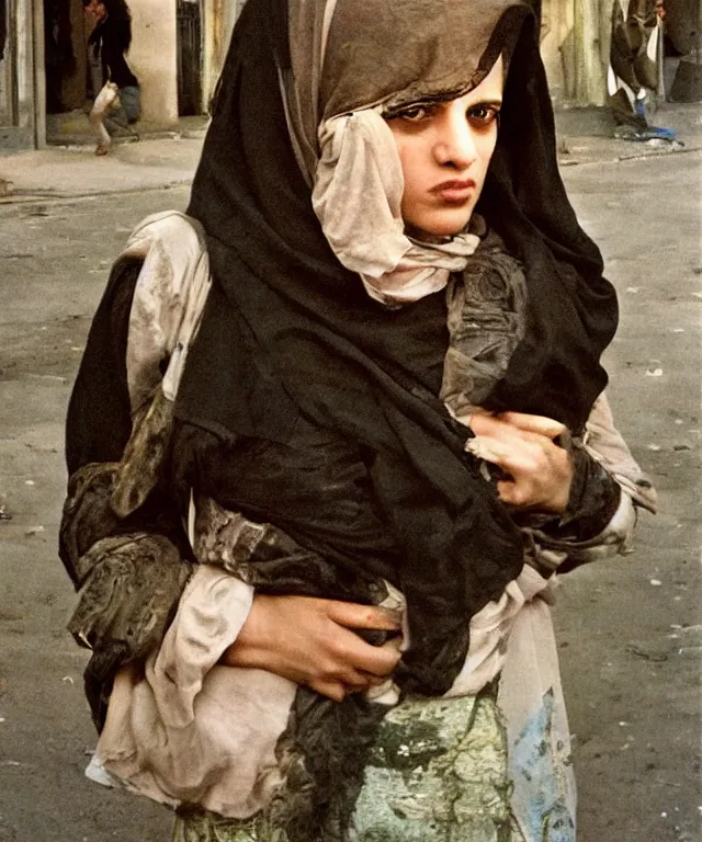 Image similar to a color photograph of persian girl in tehran's streets, by nan goldin, out of place, intense, bold, exaggerated, over proportion, painted over by andrew wyeth, hyperrealistic, ultra sharp, extra details, ultra high quality,