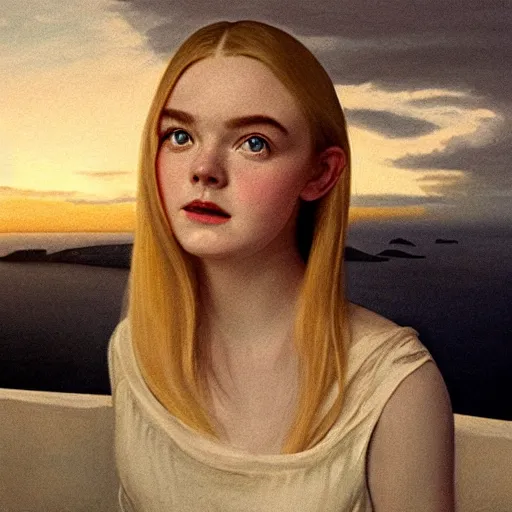 Image similar to Elle Fanning in Santorini at night, head and shoulders portrait, stormy weather, extremely detailed masterpiece, Roger Deakin’s cinematography, oil on canvas, Edward Hopper,