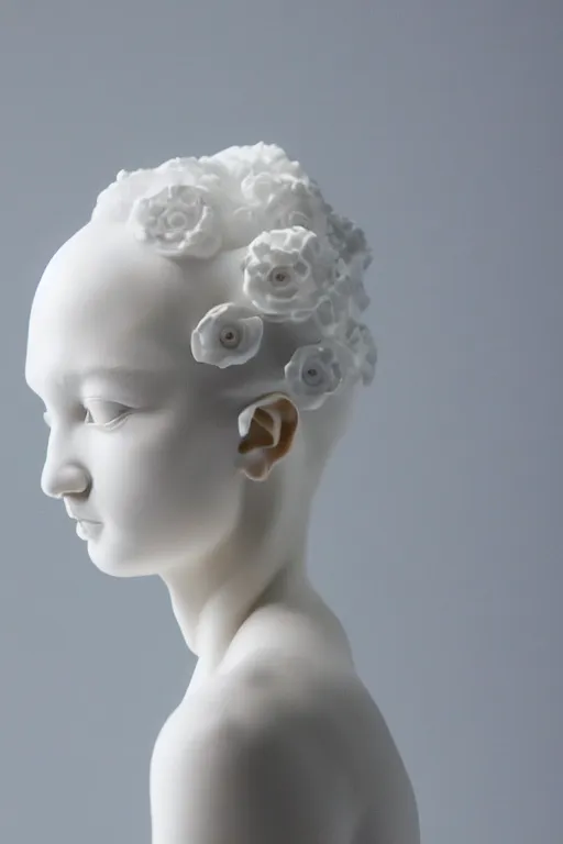 Image similar to full head and shoulders, beautiful female porcelain sculpture by daniel arsham and james jean, smooth, all white features on a white background, delicate facial features, white eyes, white lashes, detailed white 3 d different species of flowers