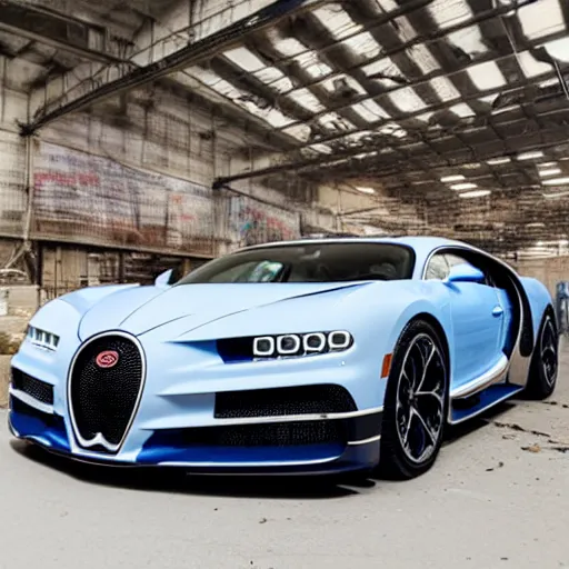 Image similar to an abandoned, derelict, ( really rusty ) bugatti chiron in a dirty warehouse