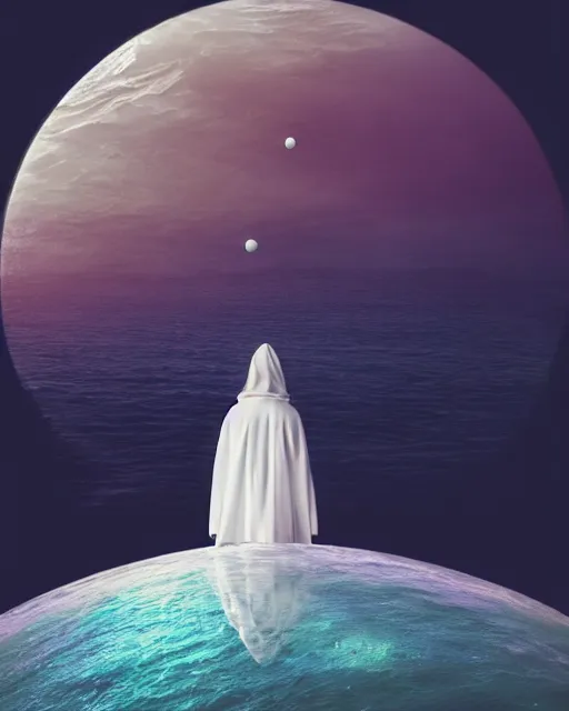 Image similar to a person wearing a white cloak standing in the water. a large planet is overhead. an album cover by stanley twardowicz, trending on cg society, retrofuturism, retrowave, chillwave, synthwave