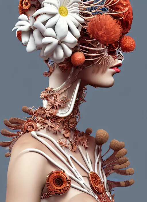 Prompt: biomechanical beautiful woman portrait with a smooth carved porcelain ivory profile face, futuristic haute couture, iris van herpin, headdress with daisies, colorful puffballs, mushrooms, rhizomorphs, brackets, sponge corals, laser cut paper lace collar, red lips, fine gold details, octane render, hyper detailed, ultra sharp, 8 k, uhd