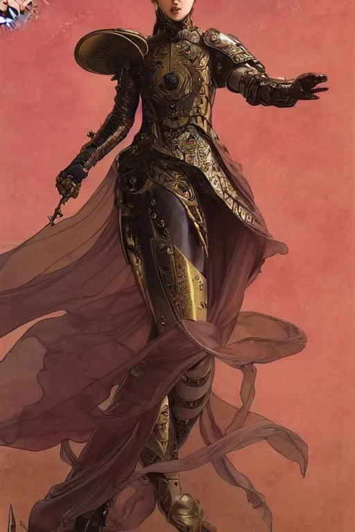 Image similar to full length portrait of zhang ziyi in armour, by eve ventrue, michael carson, andreas rochas, john watkiss, casey weldon, artgerm. art nouveau. tarot card by mucha. gloomhaven. swirly intricate linework background. gaudy colors, sharp edges. octane render