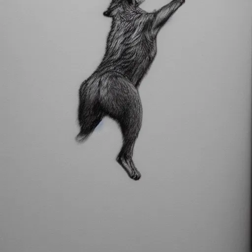 Prompt: a pencil sketch of a wolf jumping, upper half is transforming in a photo, leaping from the paper