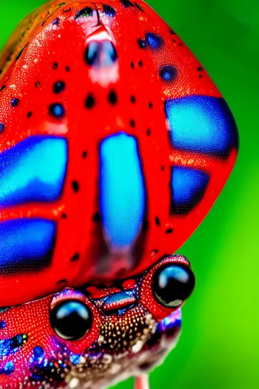 Image similar to high quality macro photo iridescent Red spotted jewel beetles! gorgeous highly detailed david ligare elson peter cinematic blue lighting high quality low angle hd 8k sharp shallow depth of field