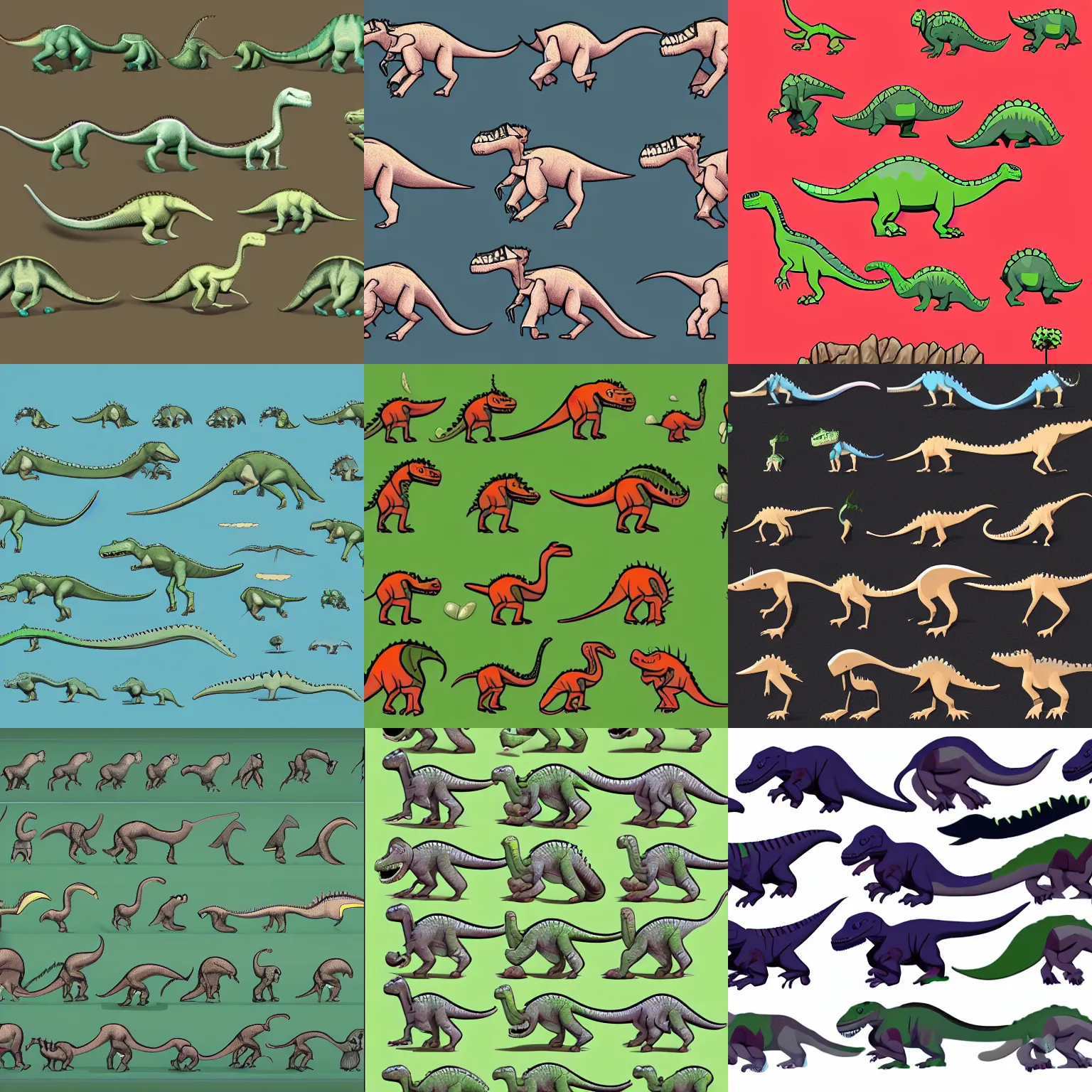 Prompt: a dinosaur running sprite sheet animation, production ready, clean lines