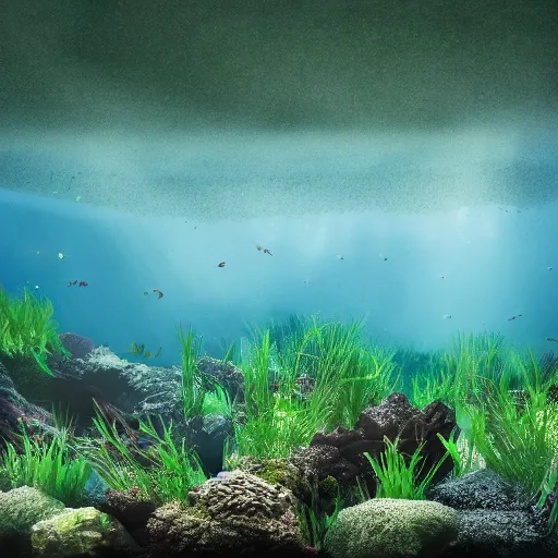 Image similar to octane render filtered lighting overgrown seaweed underwater theater 4 k