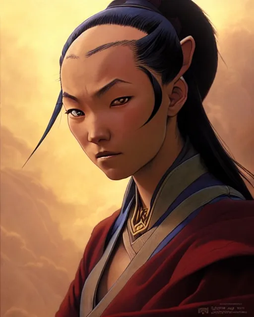 Image similar to mai from avatar the last airbender, character portrait, portrait, close up, concept art, intricate details, highly detailed by greg rutkowski, michael whelan and gustave dore