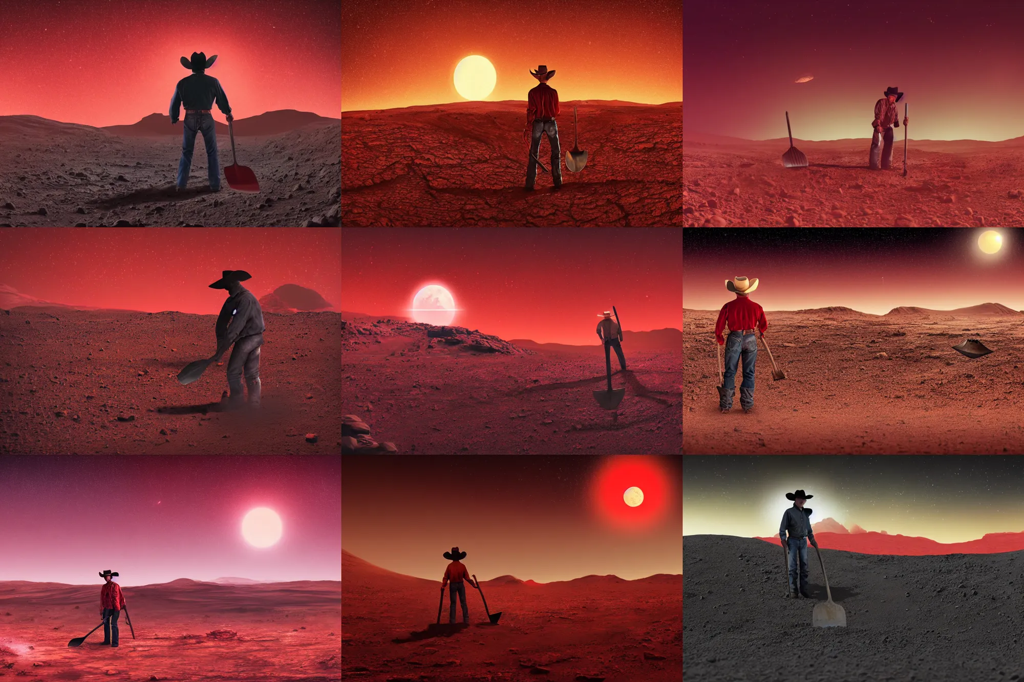 Image similar to wide shot of an old western cowboy digging with a shovel on mars, distant background, red lighting, ominous, gloomy, moonlight, bokeh, depth of field, synthwave, psychedelic, glitch, acrylic, flooko, detailed, cybernetic, sci-fi, glows,