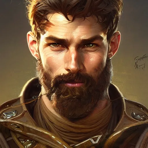 Image similar to portrait of rugged male ranger, d & d, muscular, fantasy, intricate, elegant, highly detailed, digital painting, artstation, concept art, smooth, sharp focus, illustration, art by artgerm and greg rutkowski and alphonse mucha