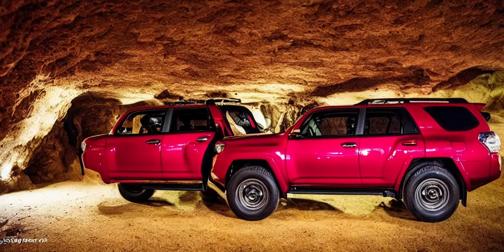 Prompt: A toyota 4runner in a cave made of candy