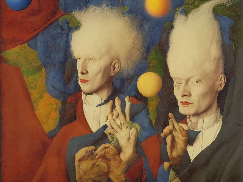 Image similar to Portrait of albino mystic with blue eyes, with atomic explosion. Painting by Jan van Eyck, Audubon, Rene Magritte, Agnes Pelton, Max Ernst, Walton Ford