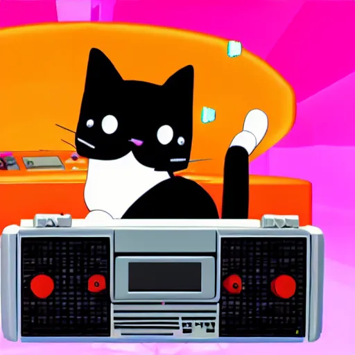 Prompt: nintendo 64 screenshot of a cute cat dancing in front of a Boombox, cute