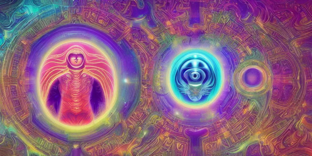 Image similar to ai transcendence into collaborative intelligence, connectedness, body, by alex grey, album cover, award winning, beautiful, colorful, volumetric lighting, trending on artstation, cinematic