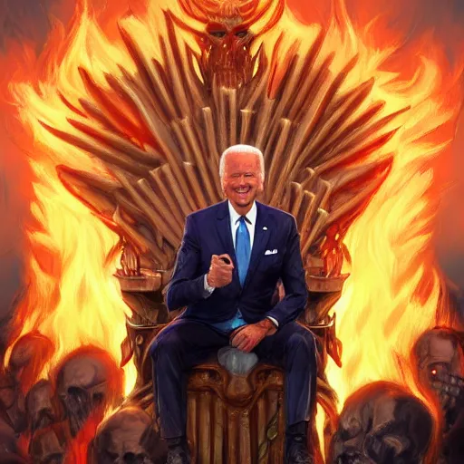 Image similar to Joe Biden sitting on a throne of skulls surrounded by fire, digital painting, highly detailed, trending on Artstation