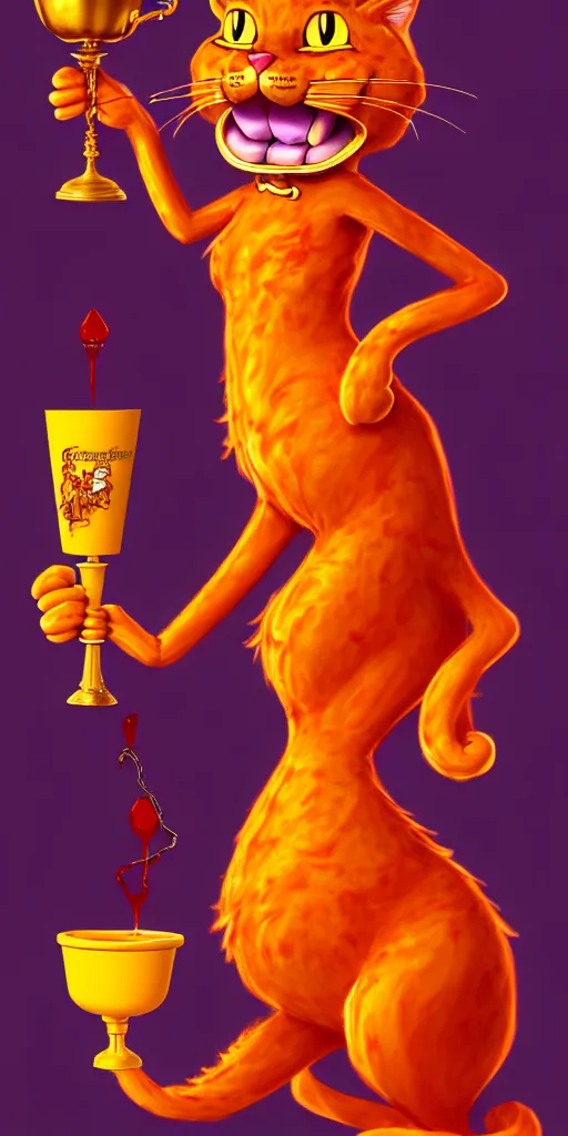 Image similar to fullbody!! personification of garfield the cat garfield goddess holding a blood chalice and lasagna, detailed, stunning, garfield cat face, hyperrealistic, trending on artstation, smooth and sharp, intricate, highly detailed, elegant, professional character concept art by tatyana kupriyanova