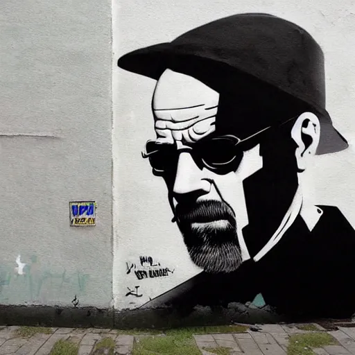 Image similar to Heisenberg, Walter White as Batman, Urban Graffiti Banksy, Bordalo, trending on artstation