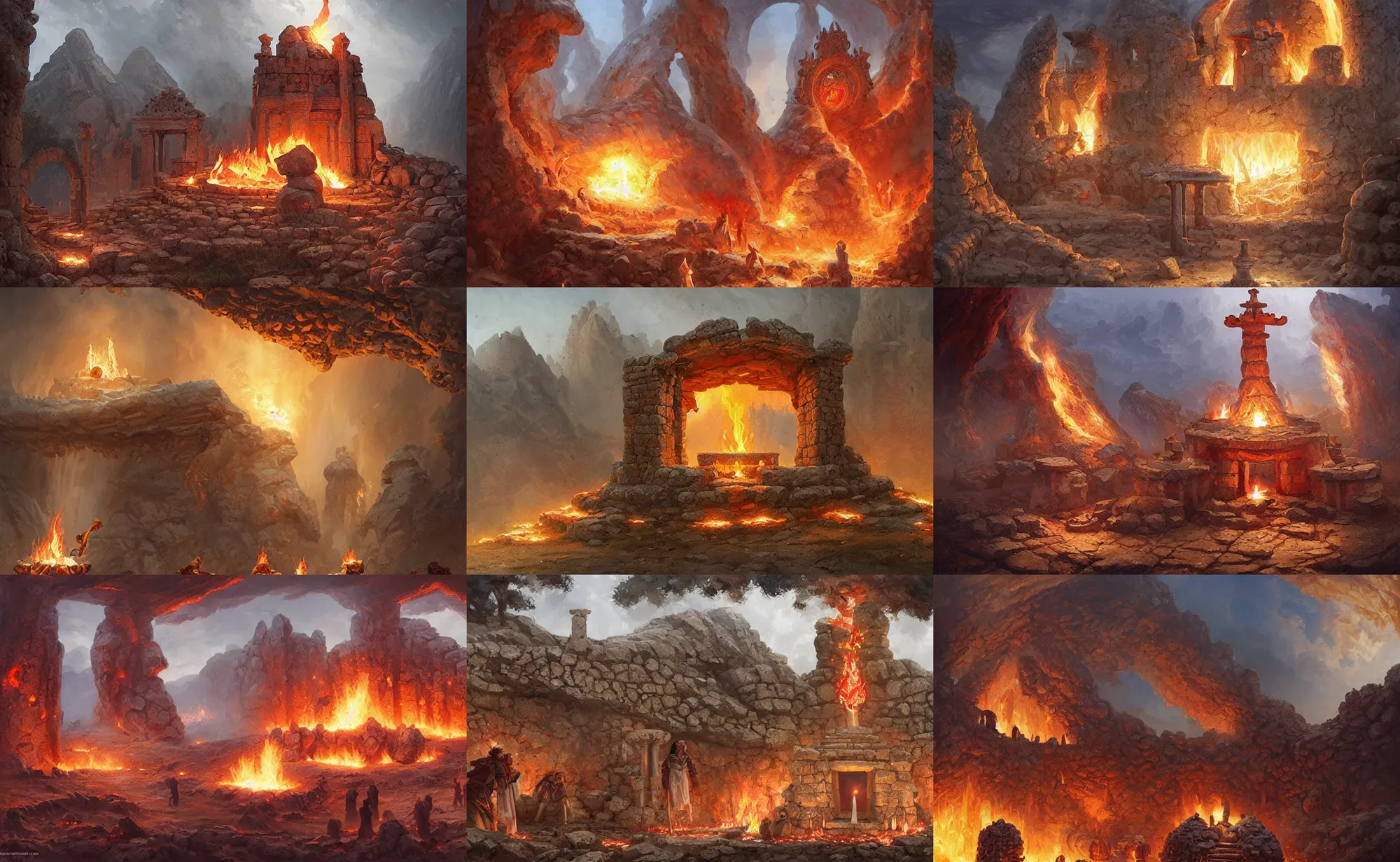 Prompt: mediterranean nuragic fire shrine, highly detailed, digital painting, artstation, concept art, sharp focus, illustration, art by artgerm and greg rutkowski and raphael lacoste and magali villeneuve