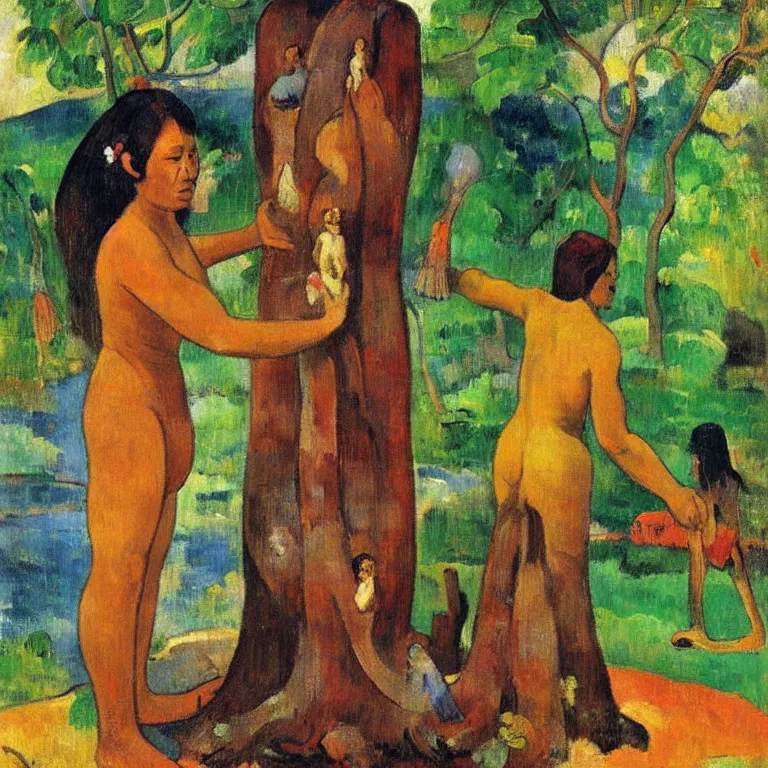 Prompt: Woman from Tahiti sculpting the god of love from a tree trunk. Painting by Gauguin