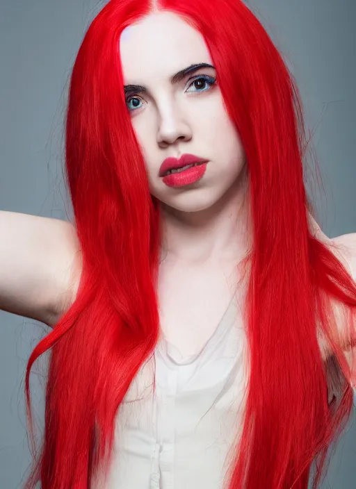 Image similar to ava max bright red hair photographed by charlotte rutherford, canon, highly realistic. high resolution. highly detailed. dramatic. 8 k. 4 k.