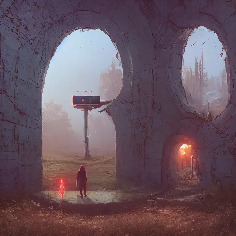 Image similar to through a portal. Detailed digital matte painting in the style of simon stalenhag