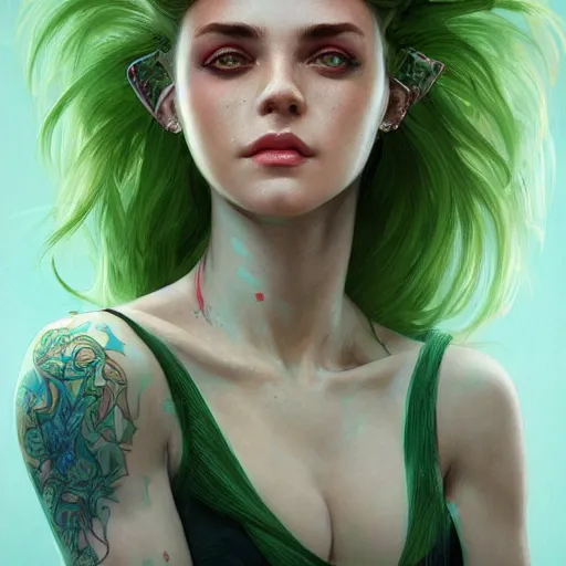 Image similar to character portrait Painting of a woman with dyed green hair, upper body, urban fantasy lighting, intricate, wild, highly detailed, digital painting, artstation, concept art, smooth, sharp focus, illustration, art by artgerm and greg rutkowski and alphonse mucha