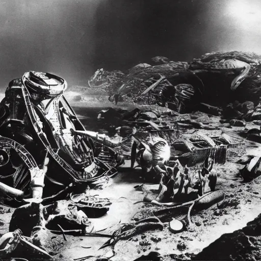 Prompt: scientists discovering an alien wreckage for the first time, 1 9 2 0's sci - fi, black and white, 8 k, highly ornate intricate details, extreme detail,