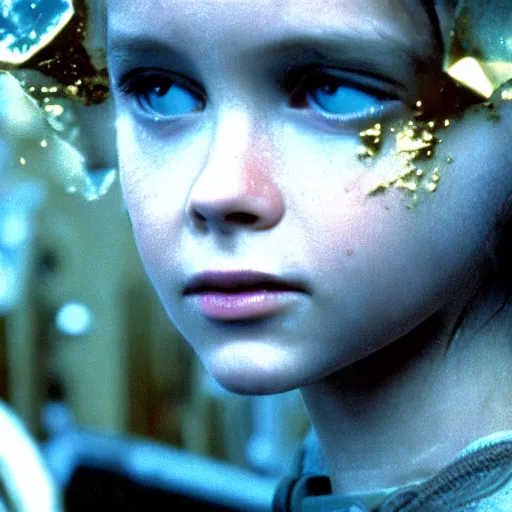 Image similar to the girl newt from the 1 9 8 6 movie aliens stands on the moon wearing gold foil. cinematic 8 k, depth of field, bokeh.