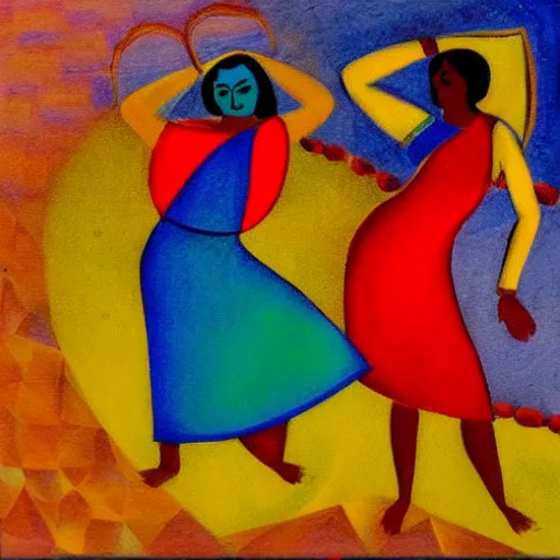 Prompt: two Indian Women in the moonlight dancing by the ocean , high quality art in the style of cubism and georgia o’keefe,