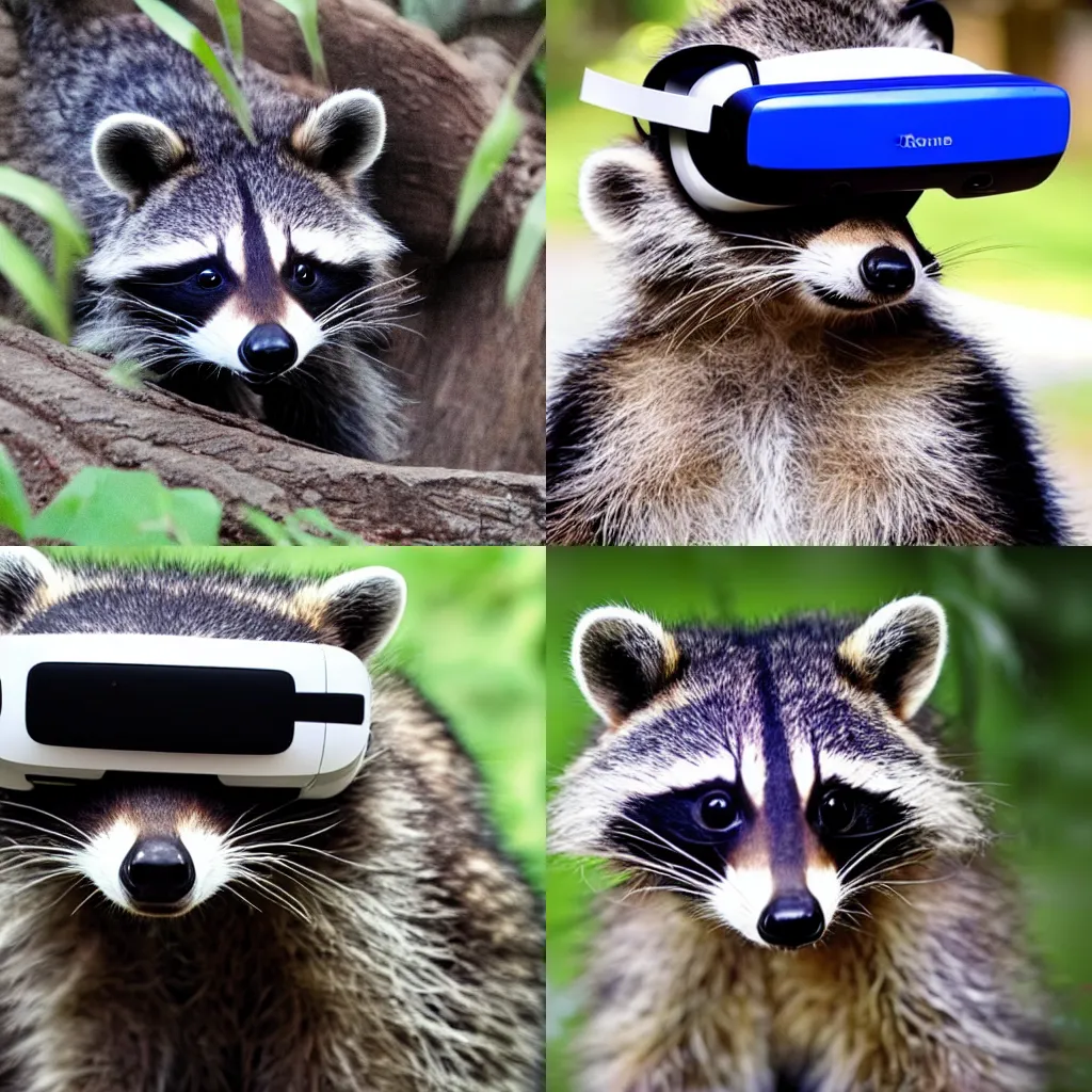 Prompt: a raccoon wearing a VR headset