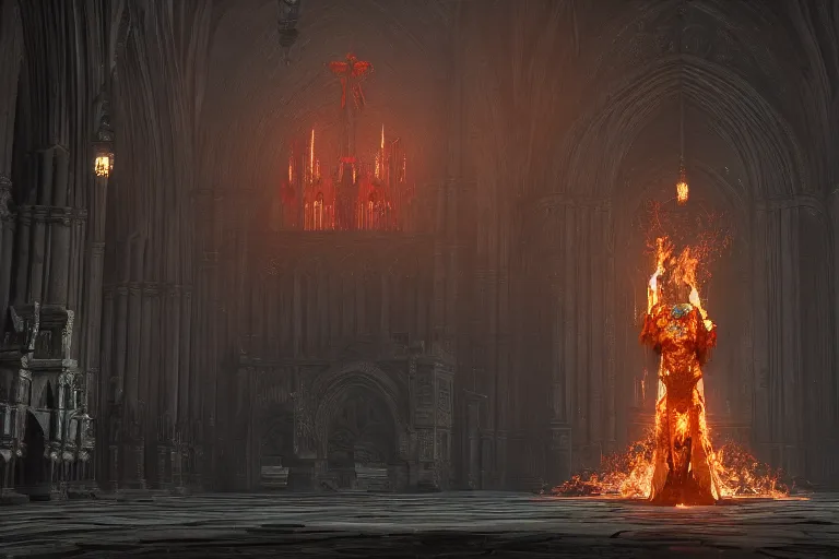 Image similar to a ghoul in a cathedral with flaming skulls rotating around him as a dark souls inspired boss, octane render, rtx, unreal engine 5, digital painting, trending on artstation, highly detailed, epic composition, 8 k uhd