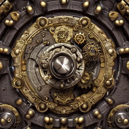 Image similar to A steampunk ornate made of engraved full plate armor and gears with a styracosaur head at the center, Macro shot by Justin Gerard, unreal engine, physically based rendering