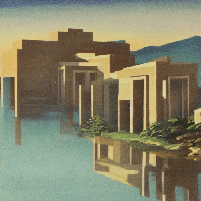 Image similar to a building in a serene landscape, art deco