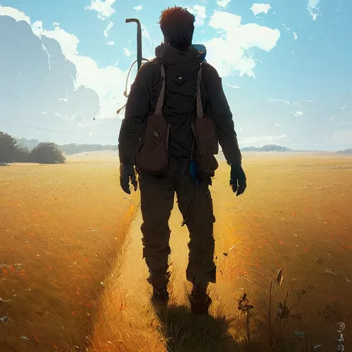 Image similar to portrait of hiker walking through the field, sharp focus, character art, illustration, digital painting, trending on artstation, by masamune shirow, by greg rutkowski.