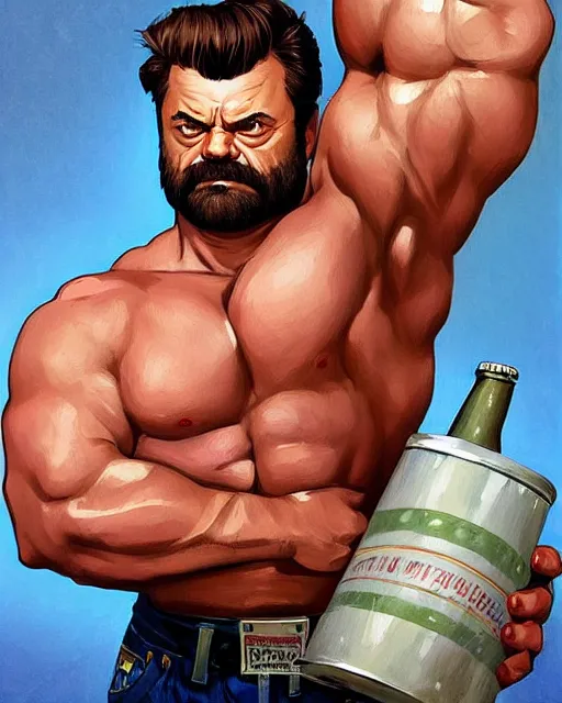 Image similar to gigachad ron swanson bodybuilder holding a keg of beer in final fight ocean by ilya kuvshinov, ernest khalimov body by krista sudmalis, fantasy character portrait, ultra realistic, concept art, intricate details, elegent, digital painting, smooth, sharp focus, illustration, art by artgerm and greg rutkowski and alphonse mucha, artstation