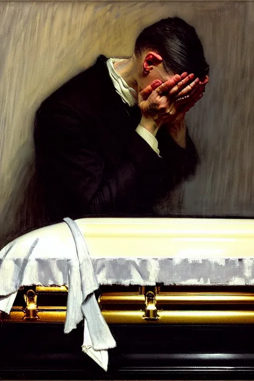 Prompt: a sad man mourning over a casket by sydney prior hall and alfred stevens and sherree valentine daines and norman rockwell, casket, grey cloth, highly detailed, deep shadows, accurate face, hyperrealism, dim lighting, candle, victorian