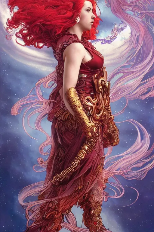 Image similar to celestial scarlett johansson anthropomorphic irish setter, by artgerm and yoshitaka amano and moebius and alphonse mucha, hyperdetailed, dc comics, ornate, nebula, explosions in the sky, trending on artstation