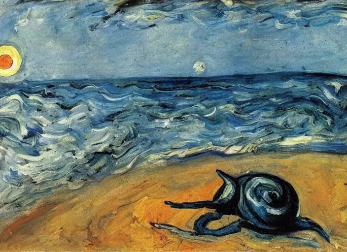 Prompt: a snail on the beach under the moon, by chaim soutine