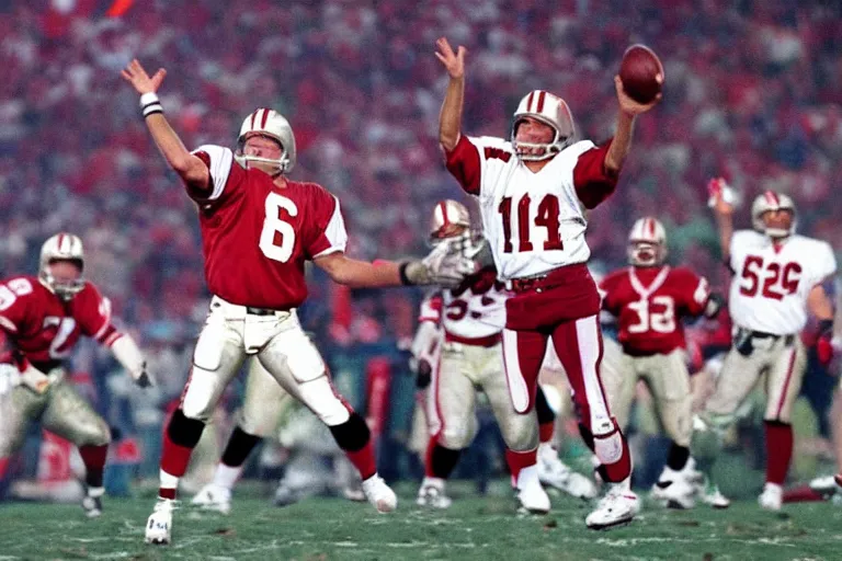 Image similar to joe montana throwing a baby for the winning touchdown superbowl 1 9 9 4