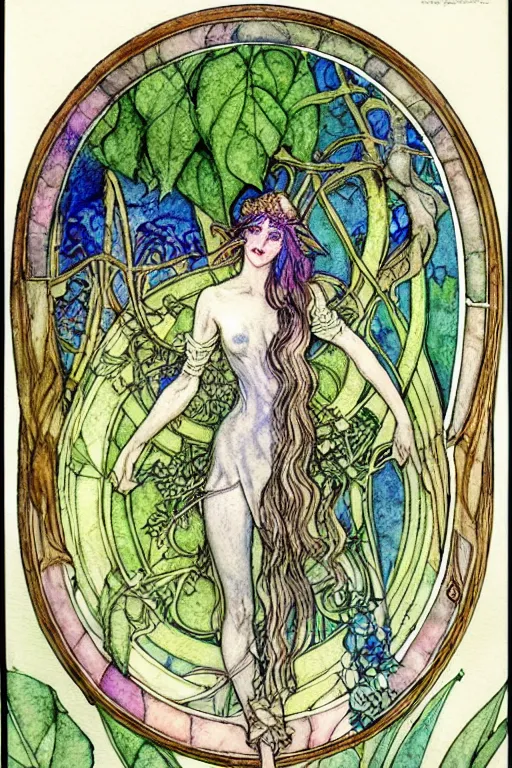Image similar to elven art nouveau goblet of win watercolor painting in the center of a circular frame of leaves, art by walter crane and arthur rackham, illustration style, watercolor