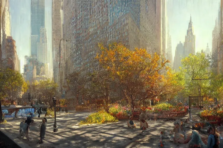 Prompt: A park in new york city, summer season, bright scene, highly detailed, intricate, sharp details, dystopian mood, 1950 scene by gaston bussiere, craig mullins, warm lighting, drawn by Giacomo Burattini, inspired by graphic novel cover art, hyperrealistic, 8k by RHADS