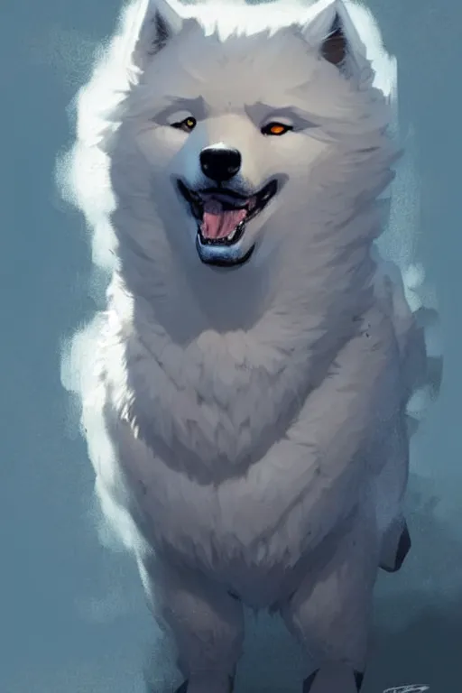 Image similar to comic book cover. fluffy samoyed by greg rutkowski, trending on artstation