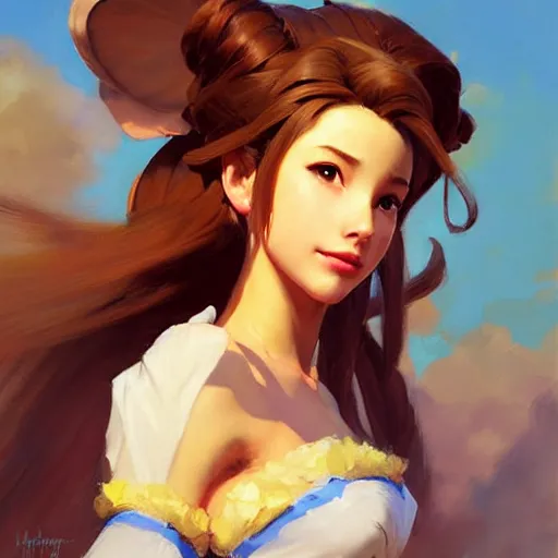 Image similar to Greg Manchess portrait painting o Aerith Gainsborough as Overwatch character, medium shot, asymmetrical, profile picture, Organic Painting, sunny day, Matte Painting, bold shapes, hard edges, street art, trending on artstation, by Huang Guangjian and Gil Elvgren and Sachin Teng