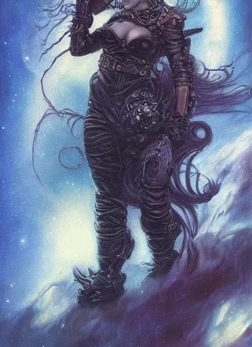 Image similar to portrait of female space pirate, night sky background, beautiful! coherent! by brom, by brian froud, deep color, strong line, high contrast