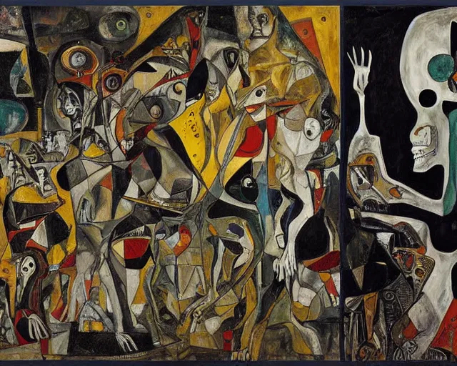 Image similar to a painting of guernica with aliens and robots by graham sutherland, egon schiele, gustav klimt, expressionism