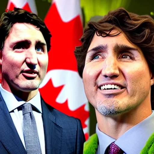 Prompt: justin trudeau cosplaying as a offensive shrek caricature, 7 2 0 p, realistic, controversial photo