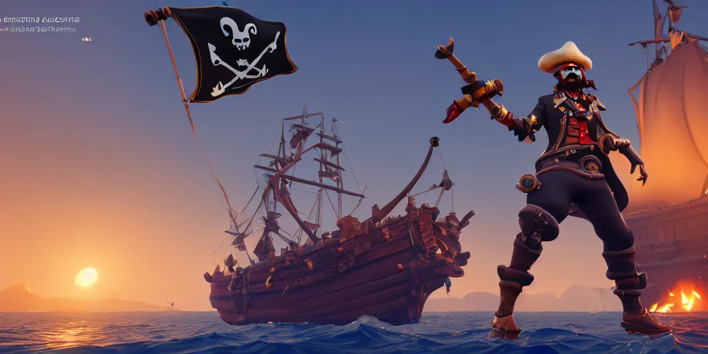 Prompt: a wide shot of a stylized 3D CGI fortnite pirate standing on the front of the ghost ship with the black Jolly Roger flag, the ghost ship is in the middle of the ocean, extremely detailed, pirate portrait, fantasy art overwatch and heartstone, cgsociety, artstation hq, octane render, 8k,