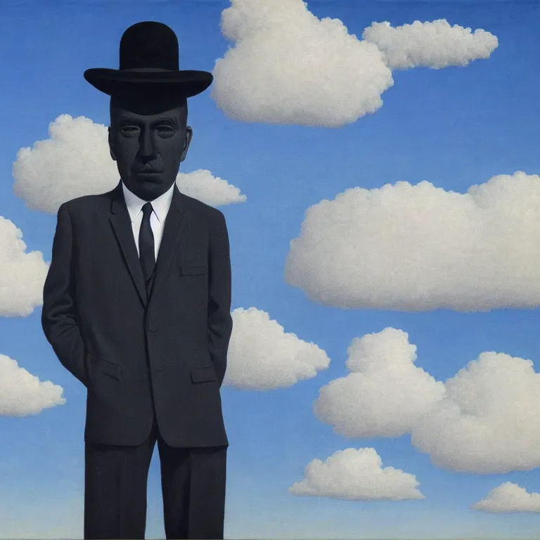 Image similar to portrait of a faceless shadow - head man in a suit, clouds in the background, by rene magritte, detailed painting, distance, centered, hd, hq, high resolution, high detail, 4 k, 8 k