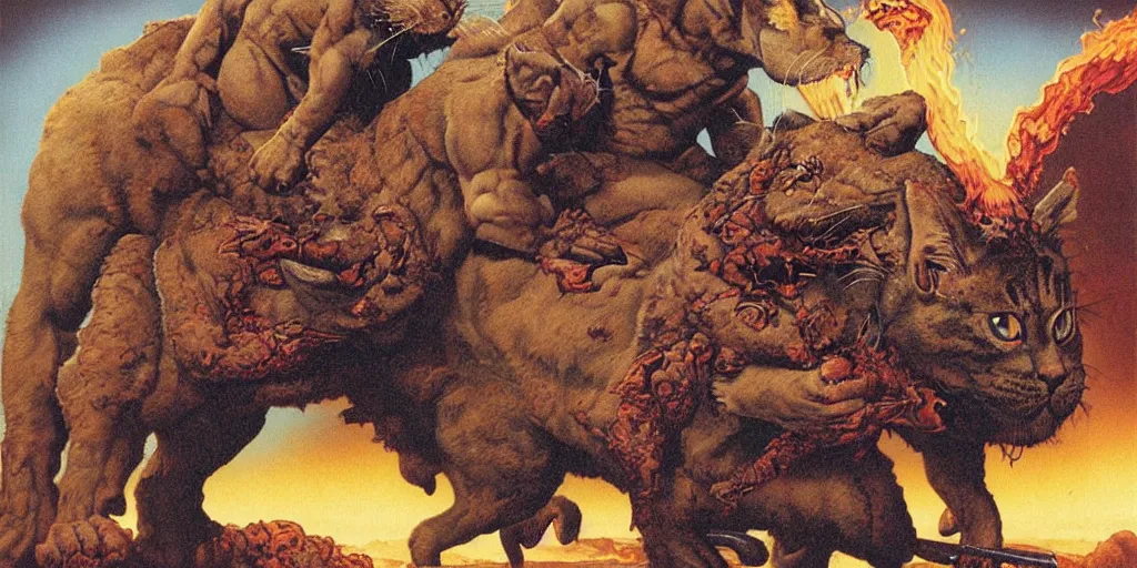 Prompt: extremely muscled Arnold Schwarzenegger riding a flaming mean looking kitty cat, by Richard Corben, Mark Arian, Wayne Barlowe, Julie Bell, Zdzisław Beksiński, Ed Binkley, Mark Brooks, Jean Delville, Larry Elmore, Frank Frazetta, Greg Hildebrandt, Tim Hildebrandt, Alex Horley, Ralph Horsley, Peter Andrew Jones, Eddie Mendoza, Earl Norem, Greg Rutkowski, Michael Whelan, Artgerm