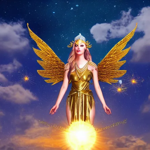 Prompt: beautifull goddess of sun with golden armor , elven temple in the sky , angels flying , paradise , 4k , detailled , realitic , photorsalistic , beautifull cloud, hight quality